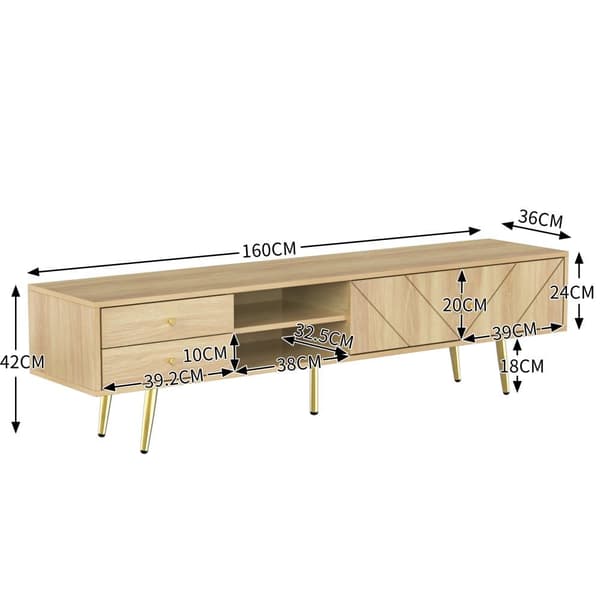 TV-skab 160x36x42cm - med 2 skuffer og 2 låger - gyldne fødder - natur