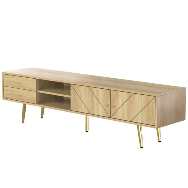 TV-skab 160x36x42cm - med 2 skuffer og 2 låger - gyldne fødder - natur