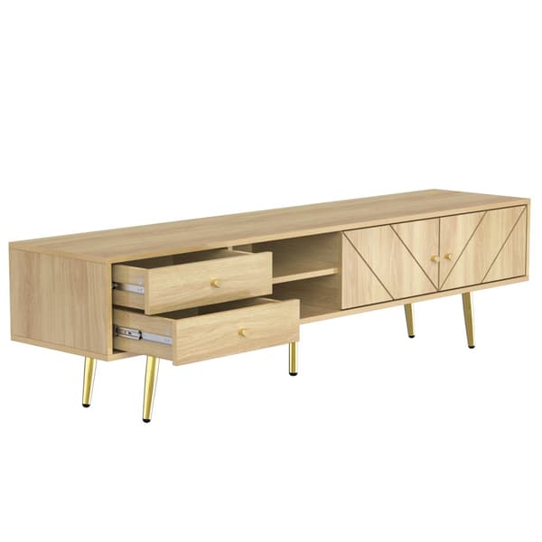 TV-skab 160x36x42cm - med 2 skuffer og 2 låger - gyldne fødder - natur