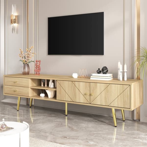 TV-skab 160x36x42cm - med 2 skuffer og 2 låger - gyldne fødder - natur