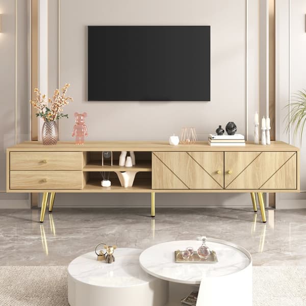 TV-skab 160x36x42cm - med 2 skuffer og 2 låger - gyldne fødder - natur