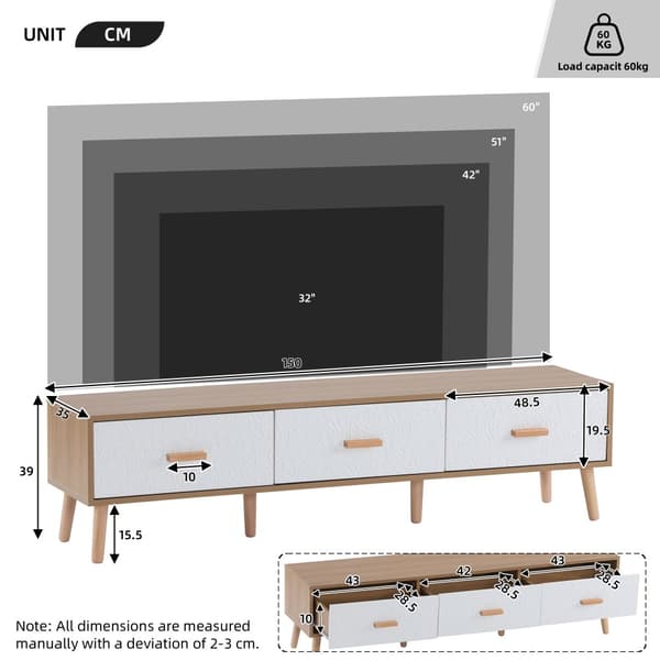 TV-skab 150 cm - 3 skuffer - spånplade - hvid