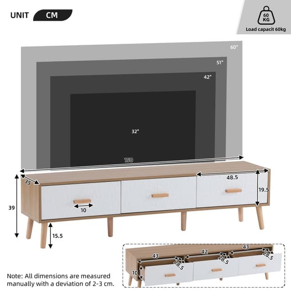 TV-skab 150 cm - 3 skuffer - spånplade - hvid