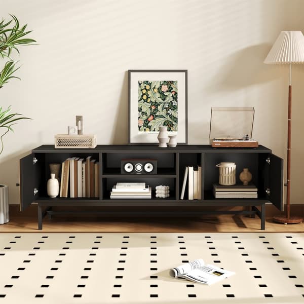 TV-bord 150x38x55cm - med hylder og 2 låger - natur + sort