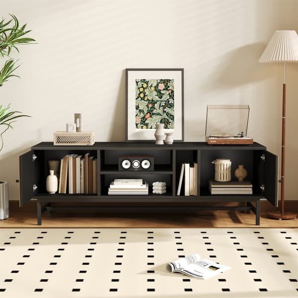 TV-bord 150x38x55cm - med hylder og 2 låger - natur + sort