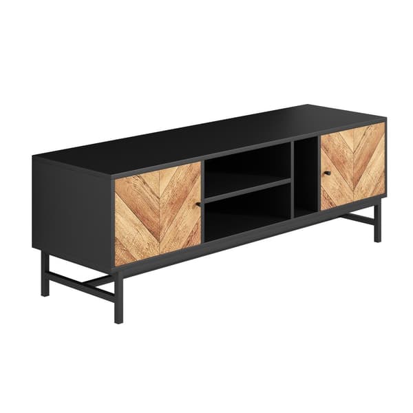 TV-bord 150x38x55cm - med hylder og 2 låger - natur + sort