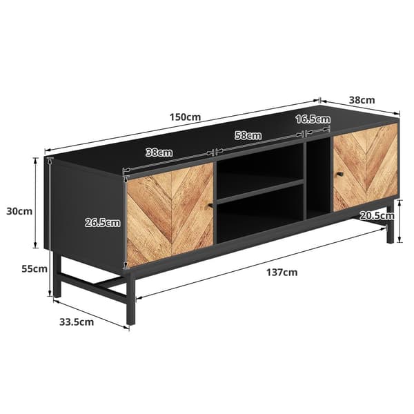 TV-bord 150x38x55cm - med hylder og 2 låger - natur + sort