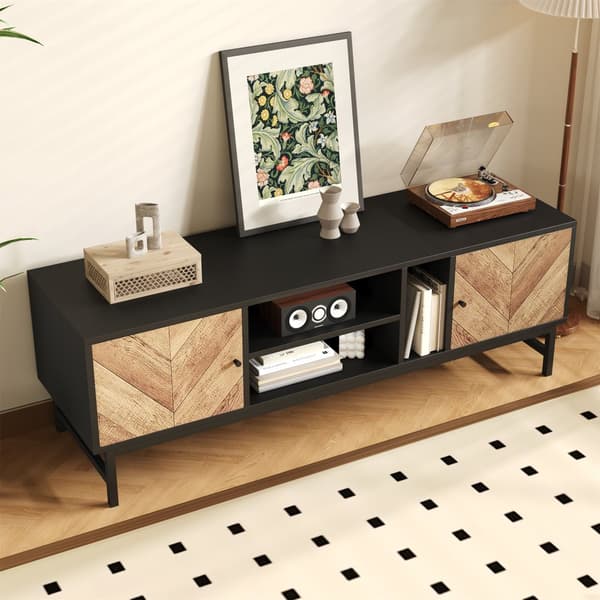 TV-bord 150x38x55cm - med hylder og 2 låger - natur + sort