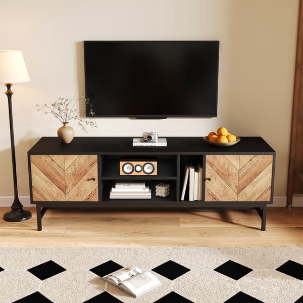 TV-bord 150x38x55cm - med hylder og 2 låger - natur + sort