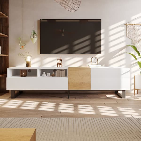 TV-bord 180 cm - med 2 skuffer og 5 rum - lavet af MDF - hvid og natur