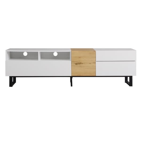 TV-bord 180 cm - med 2 skuffer og 5 rum - lavet af MDF - hvid og natur