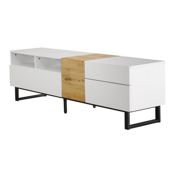 TV-bord 180 cm - med 2 skuffer og 5 rum - lavet af MDF - hvid og natur