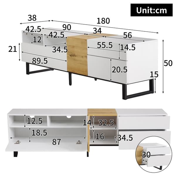 TV-bord 180 cm - med 2 skuffer og 5 rum - lavet af MDF - hvid og natur