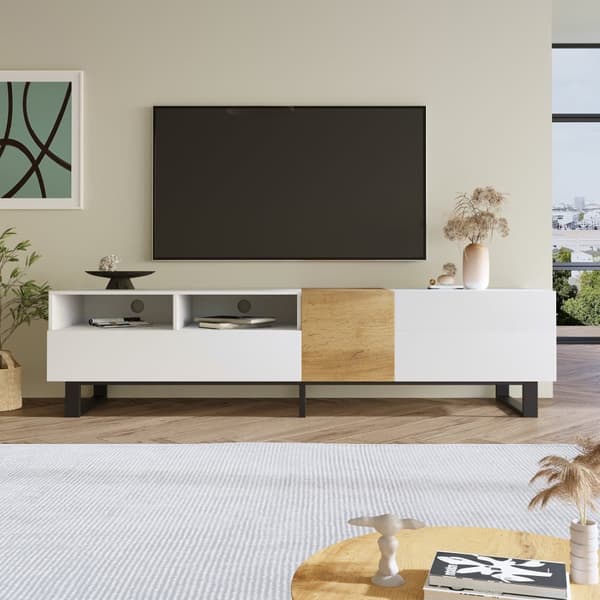 TV-bord 180 cm - med 2 skuffer og 5 rum - lavet af MDF - hvid og natur
