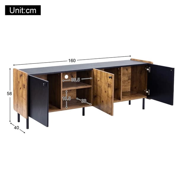 160 cm tv-bord - moderne stil - 3 låger og 2 rum - sort og natur