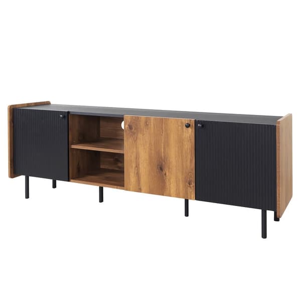 160 cm tv-bord - moderne stil - 3 låger og 2 rum - sort og natur