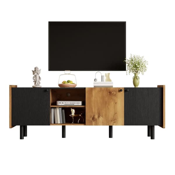 160 cm tv-bord - moderne stil - 3 låger og 2 rum - sort og natur