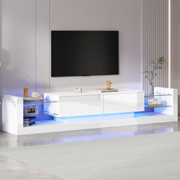 TV-bord med LED - 2 hængslede rum og glashylder - Hvid