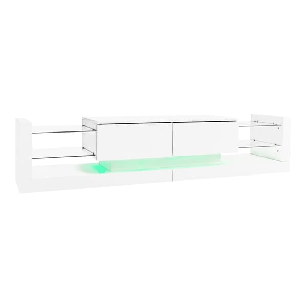 TV-bord med LED - 2 hængslede rum og glashylder - Hvid