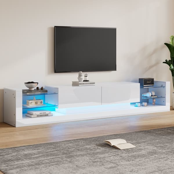 TV-bord med LED - 2 hængslede rum og glashylder - Hvid