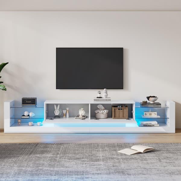 TV-bord med LED - 2 hængslede rum og glashylder - Hvid