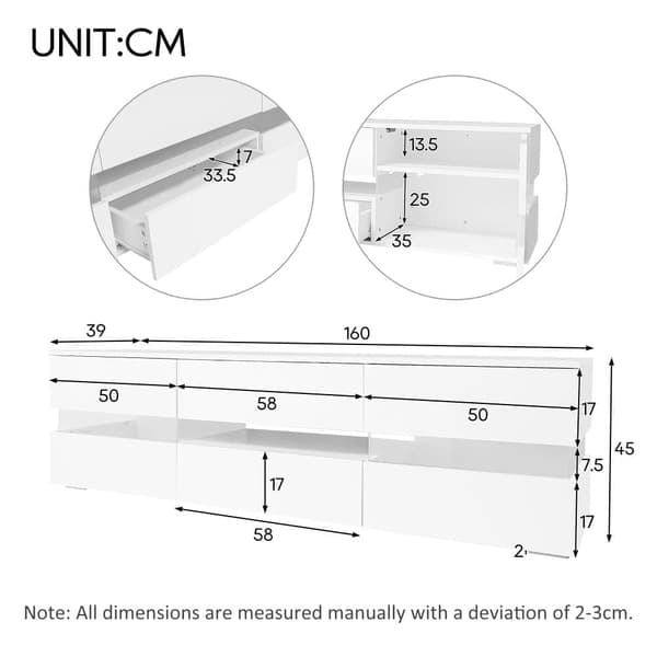 160 cm TV-möbel för 70-tums TV med LED - 2 dörrar och 1 låda - vit