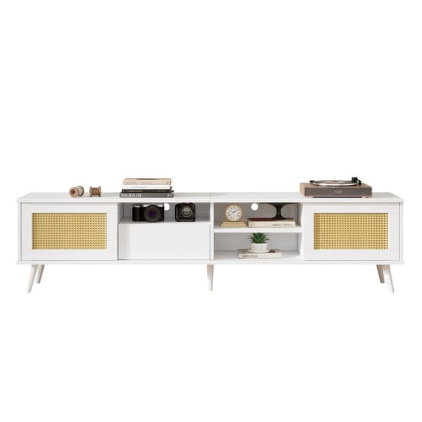200cm tv-skab til 90 tommer tv - 2 rattan låger, 1 skuffe og 3 rum - hvid