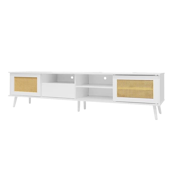 200cm tv-skab til 90 tommer tv - 2 rattan låger, 1 skuffe og 3 rum - hvid