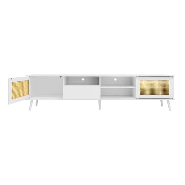 200cm tv-skab til 90 tommer tv - 2 rattan låger, 1 skuffe og 3 rum - hvid