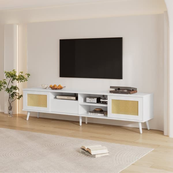 200cm tv-skab til 90 tommer tv - 2 rattan låger, 1 skuffe og 3 rum - hvid