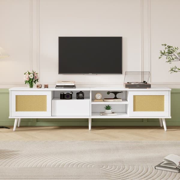 200cm tv-skab til 90 tommer tv - 2 rattan låger, 1 skuffe og 3 rum - hvid