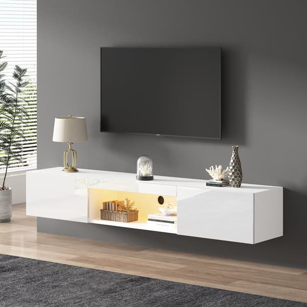 TV hængende skab 160 cm - 1 åbent rum og 2 hængslede låger - blank finish - hvid