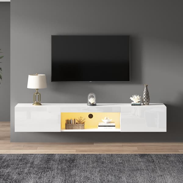 TV hængende skab 160 cm - 1 åbent rum og 2 hængslede låger - blank finish - hvid