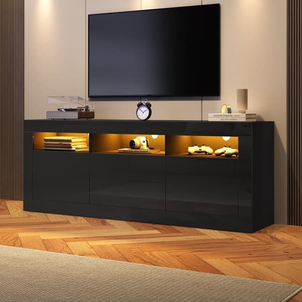 160 cm TV-möbel, lämplig för 70 tums TV-apparater - med LED - 2 dörrar, 2 lådor, 3 öppna fack - Svart