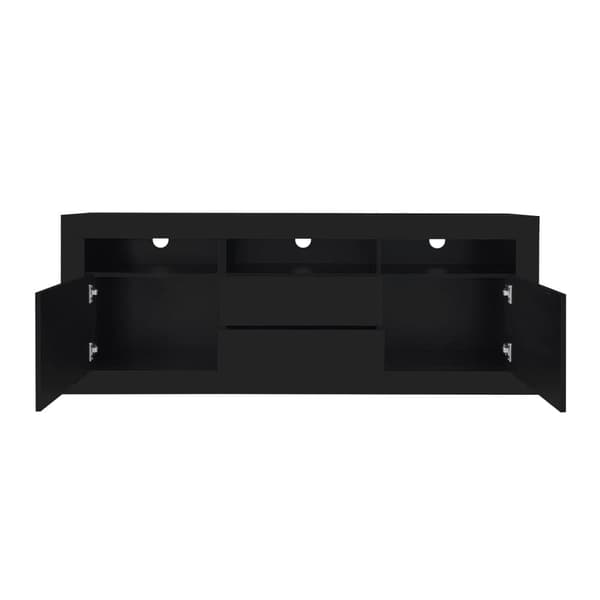 160 cm TV-möbel, lämplig för 70 tums TV-apparater - med LED - 2 dörrar, 2 lådor, 3 öppna fack - Svart