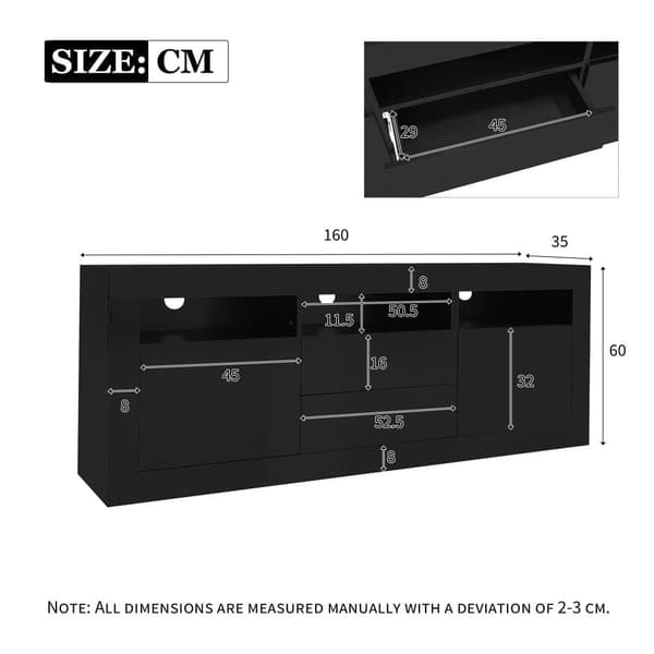 160 cm TV-möbel, lämplig för 70 tums TV-apparater - med LED - 2 dörrar, 2 lådor, 3 öppna fack - Svart