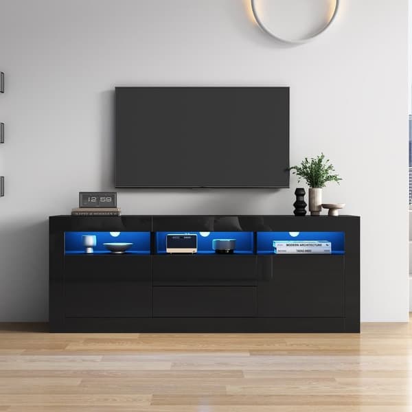 160 cm TV-möbel, lämplig för 70 tums TV-apparater - med LED - 2 dörrar, 2 lådor, 3 öppna fack - Svart