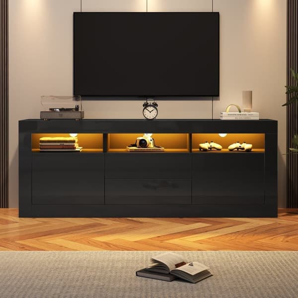 160 cm TV-möbel, lämplig för 70 tums TV-apparater - med LED - 2 dörrar, 2 lådor, 3 öppna fack - Svart