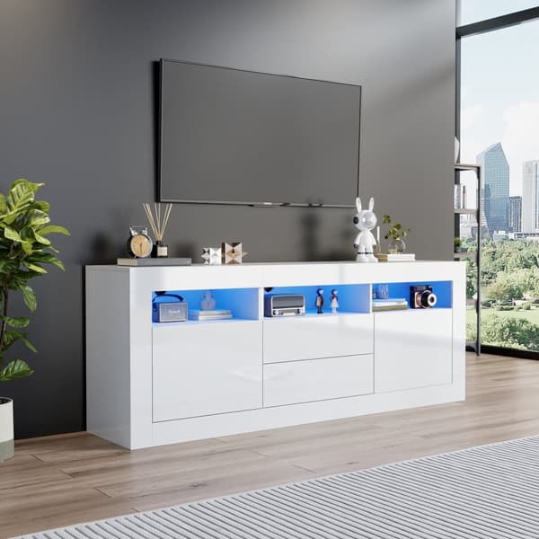 TV-skab 160 cm, velegnet til 70 tommer TV - med LED - 2 låger, 2 skuffer, 3 åbne rum - hvid