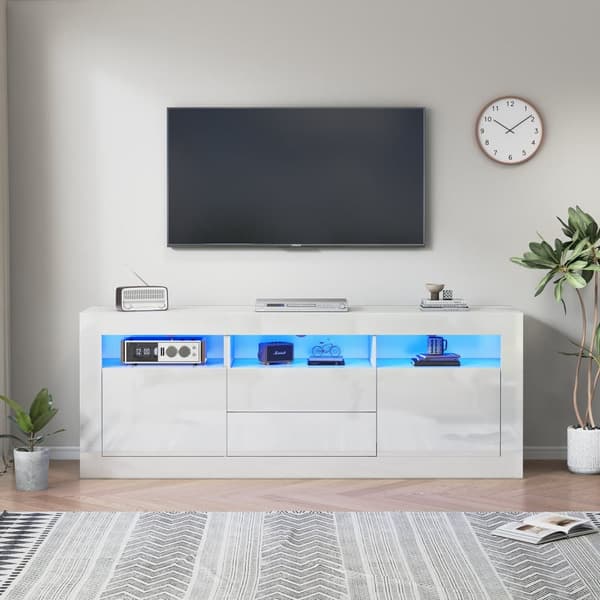TV-skab 160 cm, velegnet til 70 tommer TV - med LED - 2 låger, 2 skuffer, 3 åbne rum - hvid