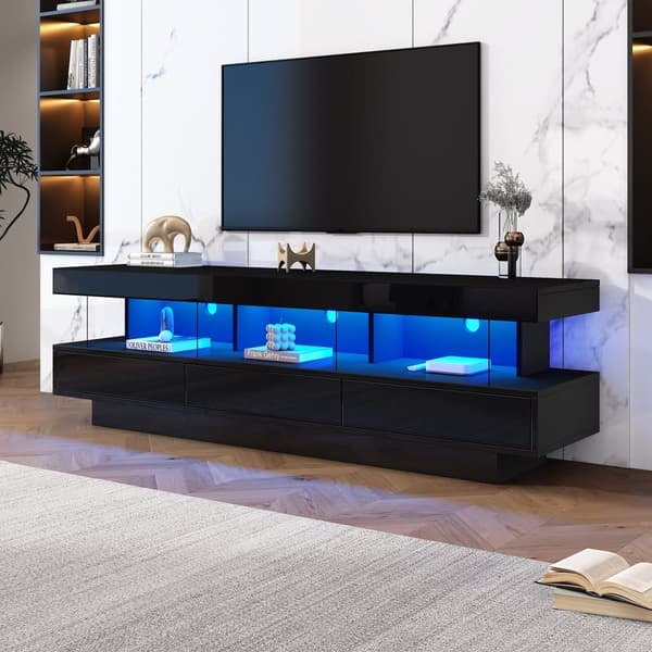 160cm TV-bord med LED - 3 glashylder - APP-styret - Velegnet til 70-tommer TV - Sort
