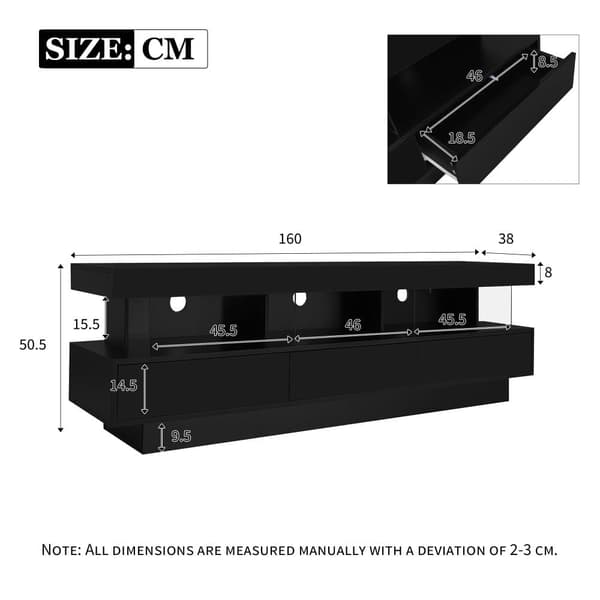 160cm TV-bord med LED - 3 glashylder - APP-styret - Velegnet til 70-tommer TV - Sort