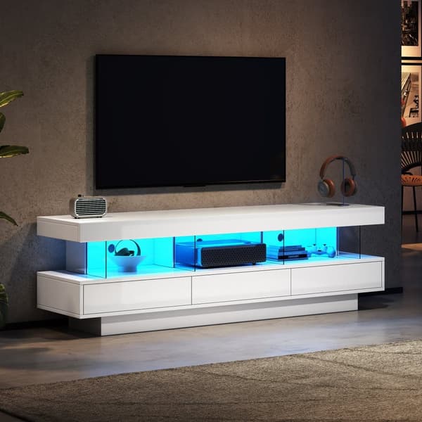 160 cm TV-möbel med LED - 3 glashyllor - APP-styrd - lämplig för 70-tums TV - vit