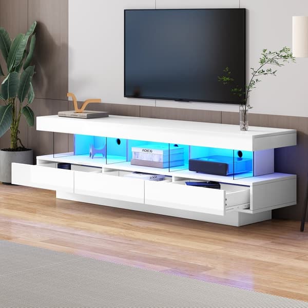 160 cm TV-möbel med LED - 3 glashyllor - APP-styrd - lämplig för 70-tums TV - vit