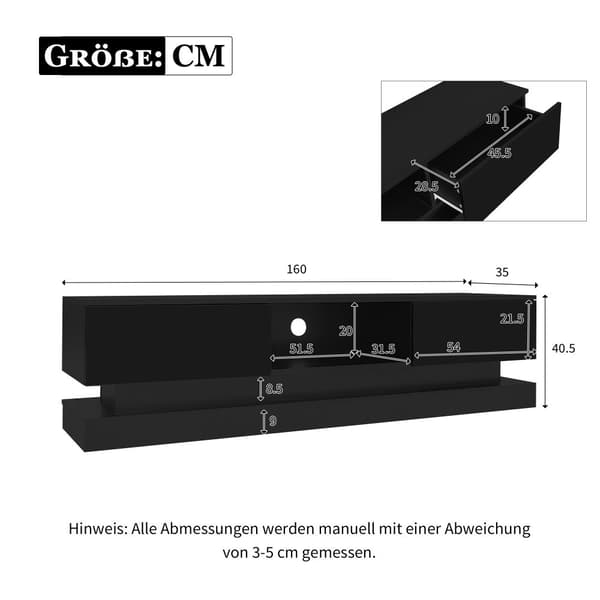 TV-möbel med LED 160 cm - 2 lådor och 1 öppet fack - lämplig för 60-tums TV-apparater - svart
