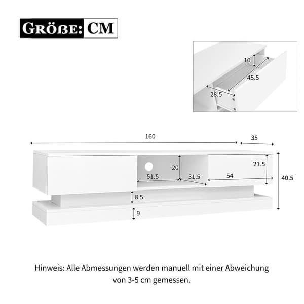Tv-bord med LED 160 cm - 2 skuffer og 1 åbent rum - Velegnet til 60-tommer TV - Hvid