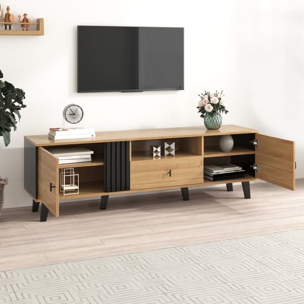 TV-taso 170 cm - 1 laatikko, 1 syvennys, 2 ovea - luonnollinen ja musta