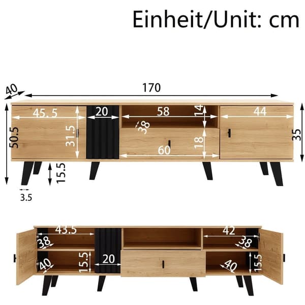 TV-taso 170 cm - 1 laatikko, 1 syvennys, 2 ovea - luonnollinen ja musta