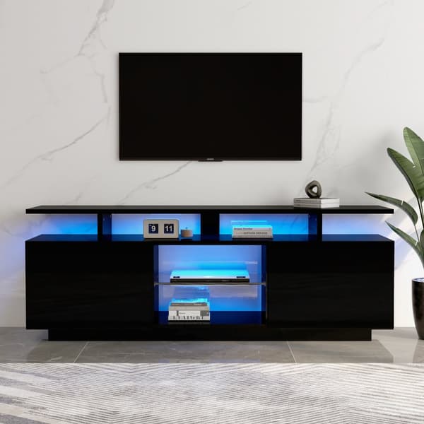 TV-skab 140 cm med LED-belysning i 16 farver - med glasvægge - sort