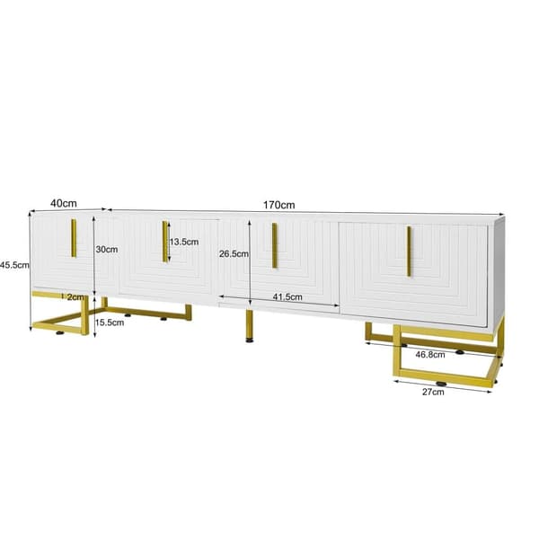 TV-bord 170 cm - med justerbare hylder - gyldne greb og fødder - hvid